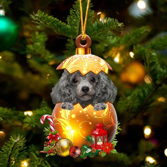 SILVER Miniature Poodle In Golden Egg Christmas Ornament - Thegiftio