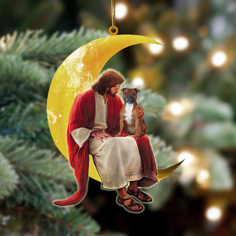 Staffordshire Bull Terrier And Jesus Sitting On The Moon Hanging Ornament, Car Ornament, Christmas Ornament - Thegiftio UK