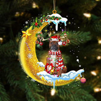 Staffordshire Bull Terrier On The Moon Merry Christmas Hanging Ornament, Car Ornament, Christmas Ornament - Thegiftio UK