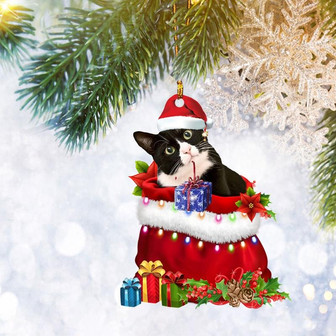Tuxedo Cat Christmas Gift Bag Flat 2D Ornament, Cat Pet Lover Gift Christmas Tree Ornament, Home Decor Plastic Ornament - Thegiftio UK