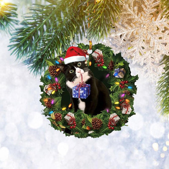 Tuxedo Cat Wearing Christmas Wreath Flat 2D Ornament, Cat Lover Gift Christmas Tree Ornament, Home Decor - Thegiftio
