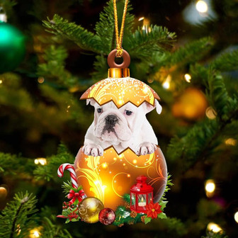 WHITE English Bulldog In Golden Egg Christmas Ornament - Thegiftio