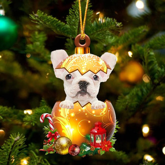 WHITE French Bulldog In Golden Egg Christmas Ornament - Thegiftio UK