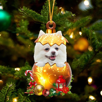 WHITE Pomeranian In Golden Egg Christmas Ornament - Thegiftio UK
