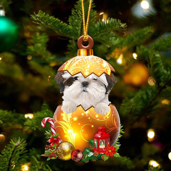 WHITE Shih Tzu In Golden Egg Christmas Ornament - Thegiftio