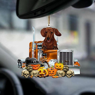 Dachshund (Red)-Pumpkin & Truck Car Hanging Ornament - Thegiftio UK