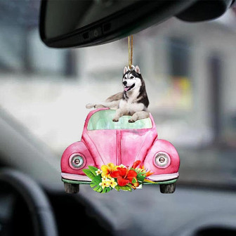 Husky 2-Pink Hippie Car-Two Sided Ornament - Thegiftio UK