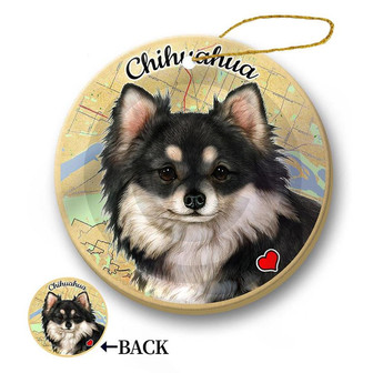 Map dog Ornament-Chihuahua (Long Hair Black & White) Hanging Ornament - Thegiftio UK