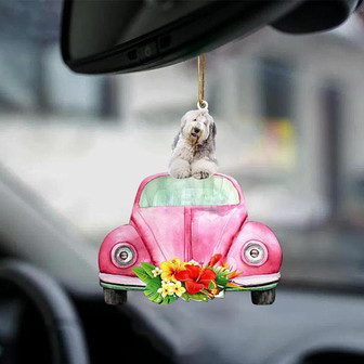 Old English Sheepdog-Pink Hippie Car-Two Sided Ornament - Thegiftio UK