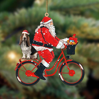 Santa Claus riding a bike with Basset Hound-Two Sided Ornament - Thegiftio UK