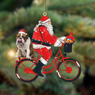 Santa Claus riding a bike with English Bulldog 2-Two Sided Ornament - Thegiftio UK