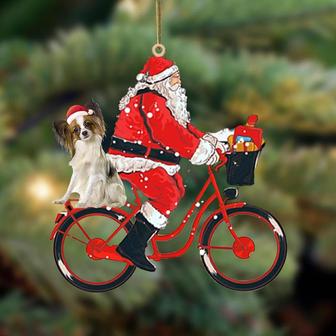 Santa Claus riding a bike with Papillon-Two Sided Ornament - Thegiftio UK