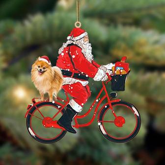 Santa Claus riding a bike with Pomeranian-Two Sided Ornament - Thegiftio UK