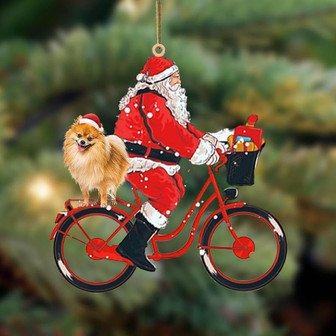 Santa Claus riding a bike with Pomeranian-Two Sided Ornament - Thegiftio