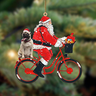 Santa Claus riding a bike with pug3-Two Sided Ornament - Thegiftio