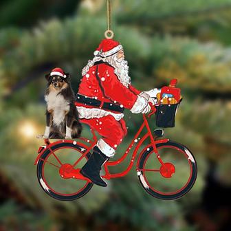 Santa Claus riding a bike with Shetland Sheepdog-Two Sided Ornament - Thegiftio UK