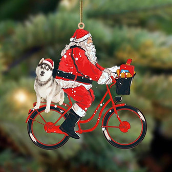 Santa Claus riding a bike with siberian husky (2)-Two Sided Ornament - Thegiftio