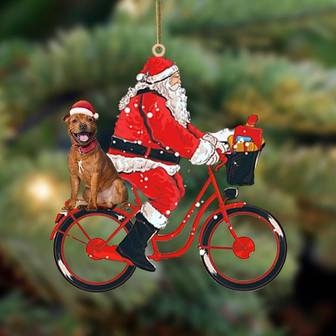 Santa Claus riding a bike with Staffordshire Bull Terrier 2-Two Sided Ornament - Thegiftio