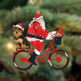 Santa Claus riding a bike with Yorkshire Terrier-Two Sided Ornament - Thegiftio