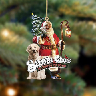 Santa Is Coming To Town With Gold Golden Retriever-Two Sided Ornament - Thegiftio UK