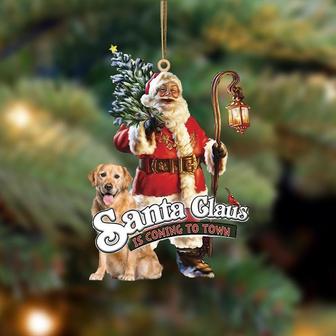 Santa Is Coming To Town With Golden Retriever-Two Sided Ornament - Thegiftio UK
