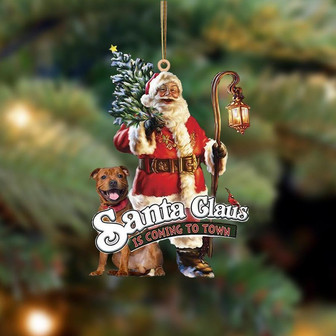 Santa Is Coming To Town With Staffordshire Bull Terrier 2-Two Sided Ornament - Thegiftio UK