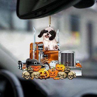 Shih Tzu (Black & White)-Pumpkin & Truck Car Hanging Ornament - Thegiftio UK