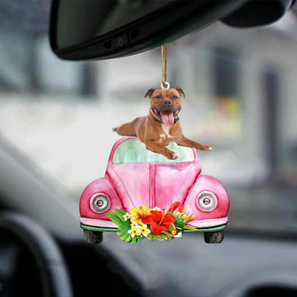 Staffordshire Bull Terrier 2-Pink Hippie Car-Two Sided Ornament - Thegiftio UK