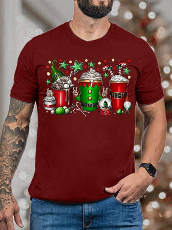 Men's Christmas Gnome Snowman Three Cups Of Ice Cream Graphics Print Casual Crew Neck T-shirt - Thegiftio UK