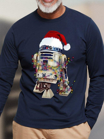 Men's Christmas Robot Dog Funny Graphic Print Crew Neck Casual Long Sleeve Top - Thegiftio UK