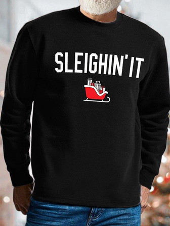 Men's Christmas Sleighin'it Funny Graphics Print Crew Neck Casual Loose Sweatshirt - Thegiftio UK