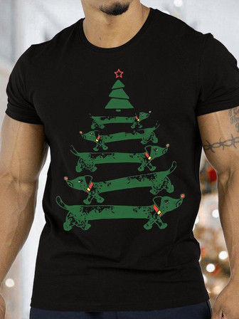 Men's Christmas Tree Dog Funny Graphics Print Loose Crew Neck Casual T-shirt - Thegiftio UK