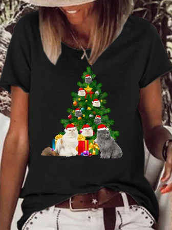 Women's Christmas Tree Cute Cat Print Casual T-shirt - Thegiftio UK