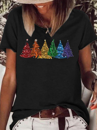 Women's Christmas Tree Print Crew Neck Casual T-shirt - Thegiftio UK
