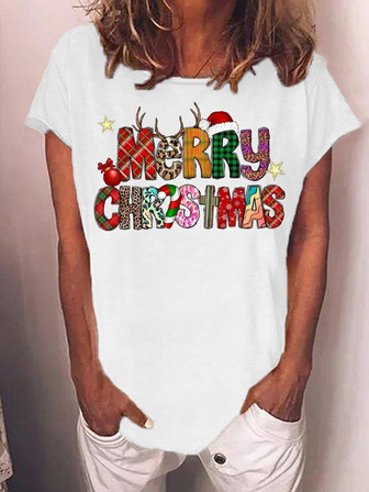 Women's Merry Christmas Funny Graphic Print Casual -blend Crew Neck T-shirt - Thegiftio UK