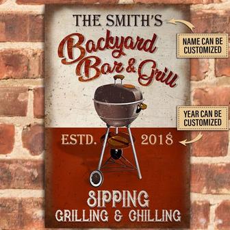 Backyard BBQ Sign, Personalized BBQ And Grill Sipping Grilling, Grill Master Gift, Kitchen Decor, BBQ Signs Customized Classic Metal Signs - Thegiftio