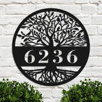 Personalized Tree of Life Metal Sign Custom Number Tree Address Sign Wall Hanging Metal Wall Art Home Decor for Front Door Porch Yard - Thegiftio UK