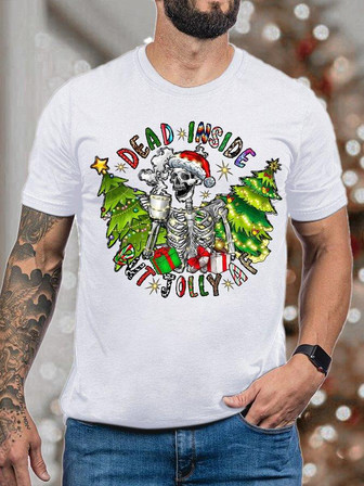 Men's Dead Inside But Jolly Christmas Skeleton Funny Graphic Print Loose Text Letters Casual T-shirt - Thegiftio UK