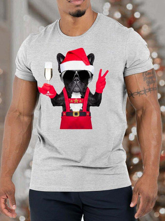 Men’s Merry Christmas Dog Wine Casual Crew Neck Christmas T-shirt - Thegiftio UK