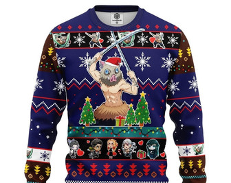 Inosuke Ugly Knitted Christmas Sweatshirt, Inosuke Xmas Sweater, Anime Christmas Sweater, Ugly Christmas Sweater - Thegiftio UK