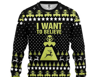 I Want to Believe Deer Huting Ugly Knitted Christmas Sweatshirt, Deer Hunting Xmas Sweater, Christmas Sweater, Ugly Christmas Sweater - Thegiftio UK