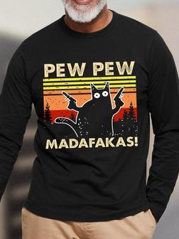 Men's Pew Pew Madafakas Cat Funny Graphic Print Loose Text Letters Vintage Long Sleeve Top - Seseable