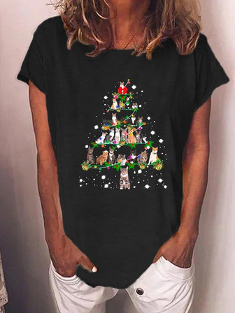 Women's Funny Cat Christmas -blend Casual Text Letters Loose T-shirt - Thegiftio UK