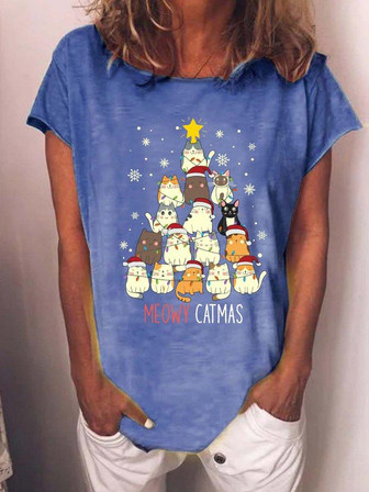 Women‘s Funny Cat Christmas -blend Loose Casual T-shirt - Thegiftio UK