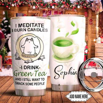 Green Tea Cat Personalized Stainless Steel Tumbler 20Oz - Thegiftio UK