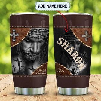 Leather Style Faith Over Fear Personalized Stainless Steel Tumbler 20Oz - Thegiftio UK