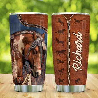 Leather Style With Horse Personalized Stainless Steel Tumbler 20Oz - Thegiftio