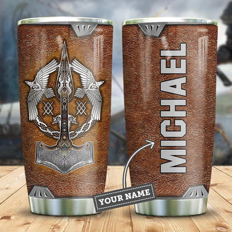 Leather Style Vikings Symbol Personalized Stainless Steel Tumbler 20Oz - Thegiftio UK