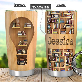 Personalized Book Lover Light Bulb Wood Style Stainless Steel Tumbler 20Oz - Thegiftio