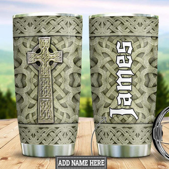 Personalized Celtic Cross Stone Carving Style Stainless Steel Tumbler 20Oz - Thegiftio UK